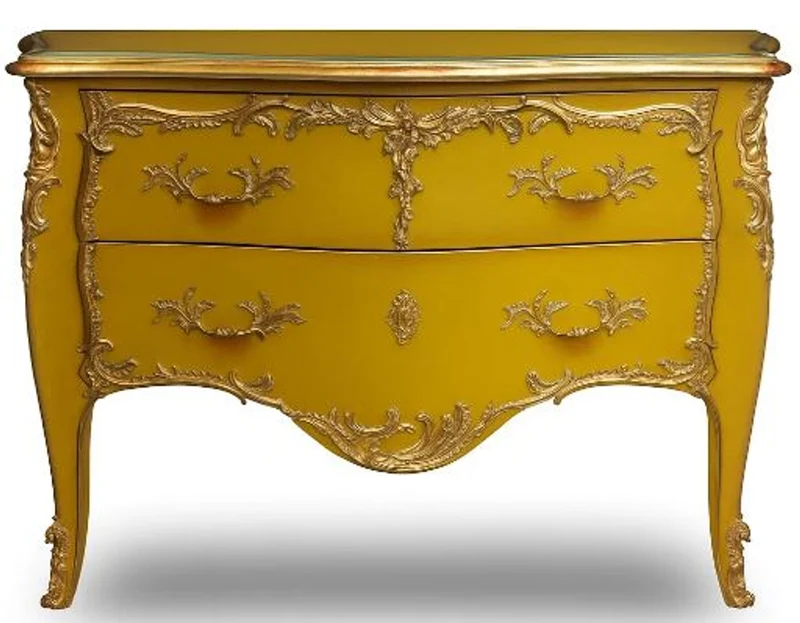 Casa Padrino Barock Kommode mit 2 Schubladen Antik Gelb / Gold - Handgefertigte Massivholz Kommode im Barockstil - Handgefertigte Barock Möbel - Edel & Prunkvoll