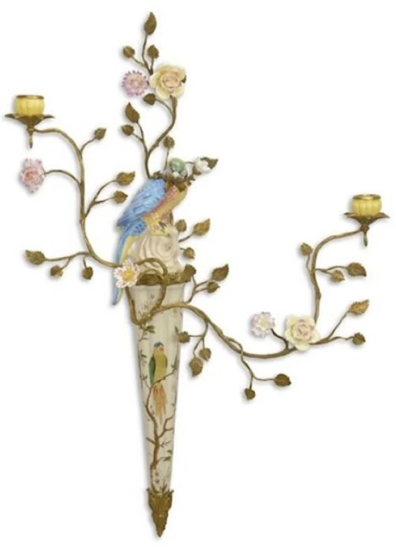 Casa Padrino Jugendstil Wandkerzenhalter Papagei Mehrfarbig / Messing 55 x H. 79,2 cm - Porzellan Wand Kerzenhalter - Barock & Jugendstil Porzellan Wanddeko