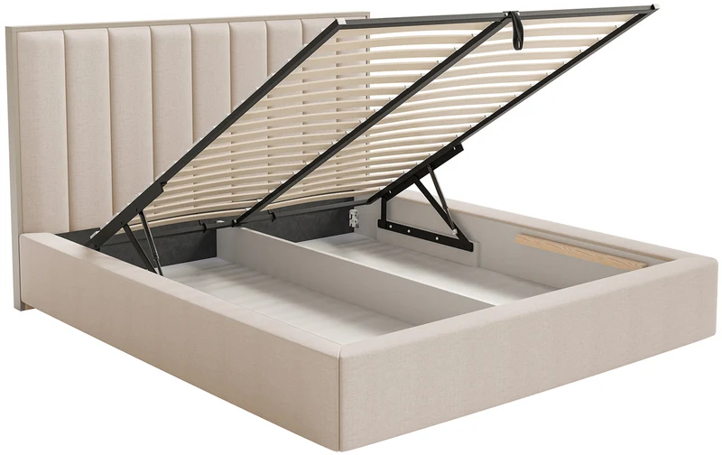 Polsterbett 140x200 cm Togents mit Stauraum und LED-Beleuchtung, Metallrahmen, beige hydrophobes Chenille