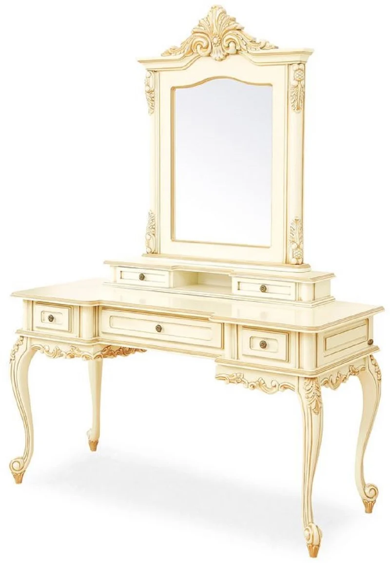 Casa Padrino Luxus Barock Schminktisch mit Spiegel Creme / Beige - Prunkvolle Barockstil Schminkkommode mit Wandspiegel - Luxus Schlafzimmer Möbel im Barockstil - Barock Möbel