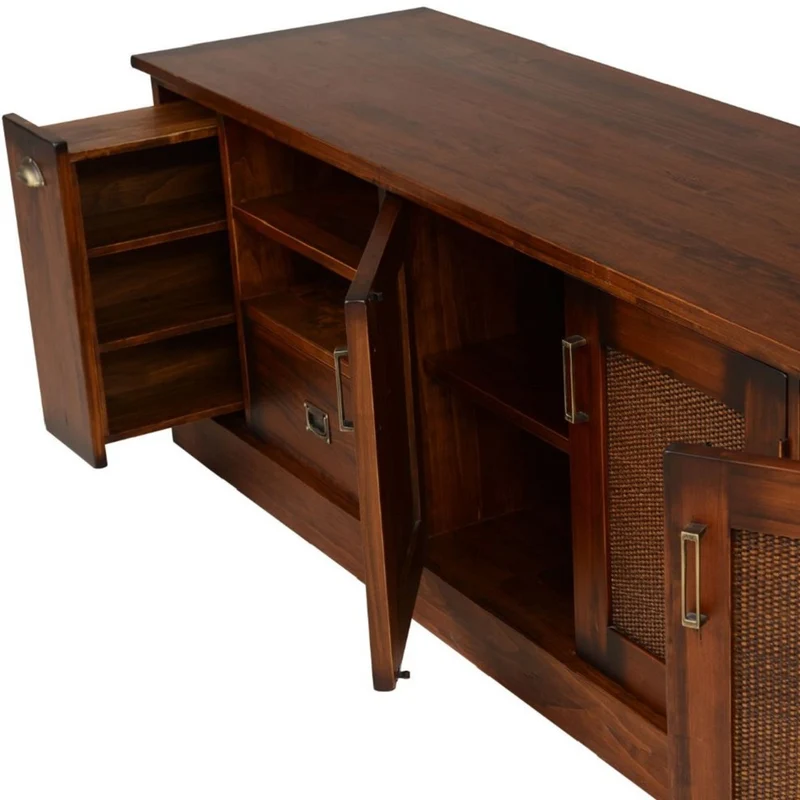 Casa Padrino Luxus Vintage Stil TV Schrank Braun / Messing 204 x 52 x H. 66 cm - Vintage Stil Sideboard mit 3 Türen und 2 Schubladen - Vintage Stil Wohnzimmer Möbel - Luxus Wohnzimmer Möbel