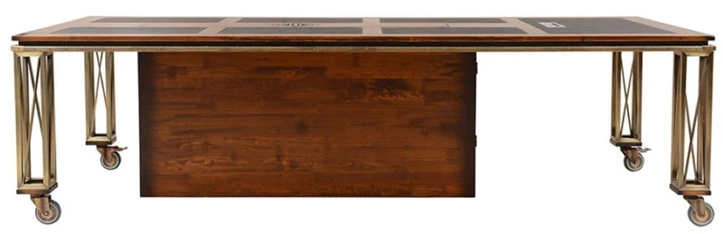 Casa Padrino Luxus Vintage Stil Schreibtisch Braun / Messing / Schwarz 270 x 120 x H. 76 cm - Massivholz Bürotisch mit Rollen - Vintage Stil Büro Möbel - Luxus Büro Möbel