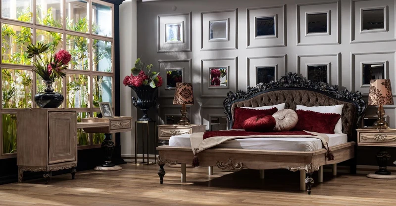 Casa Padrino Luxus Barock Schlafzimmer Set Dunkelbraun / Naturfarben / Schwarz / Gold - 1 Doppelbett mit Kopfteil & 2 Nachtkommoden - Schlafzimmer Möbel im Barockstil - Edel & Prunkvoll