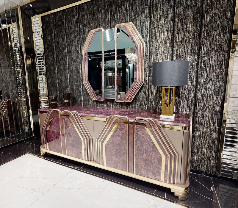 Casa Padrino Luxus Art Deco Möbel Set Lila / Grau / Gold - 1 Sideboard mit 4 Türen & 1 Wandspiegel - Art Deco Wohnzimmer & Hotel Möbel - Luxus Kollektion