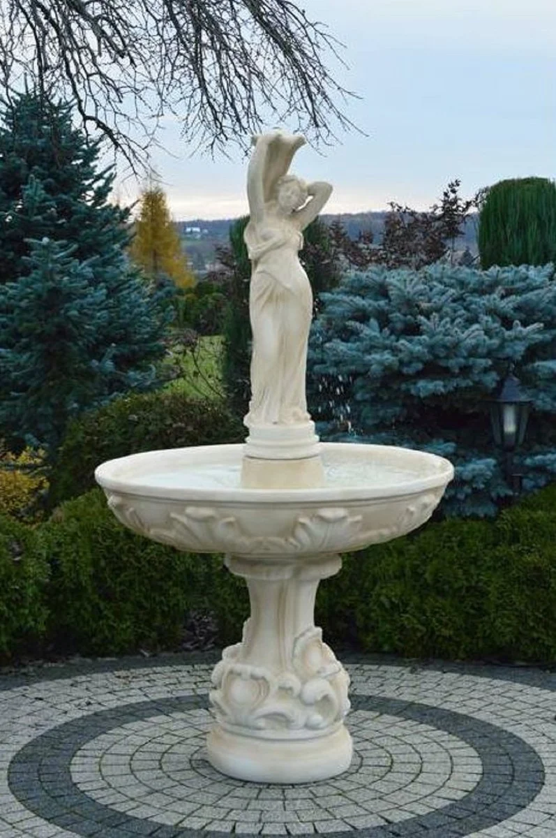 Casa Padrino Barock Springbrunnen Sandfarben Ø 110 x H. 180 cm - Prunkvoller Gartenbrunnen im Barockstil - Runder Gartendeko Stein Brunnen - Barock Garten Deko Accessoires