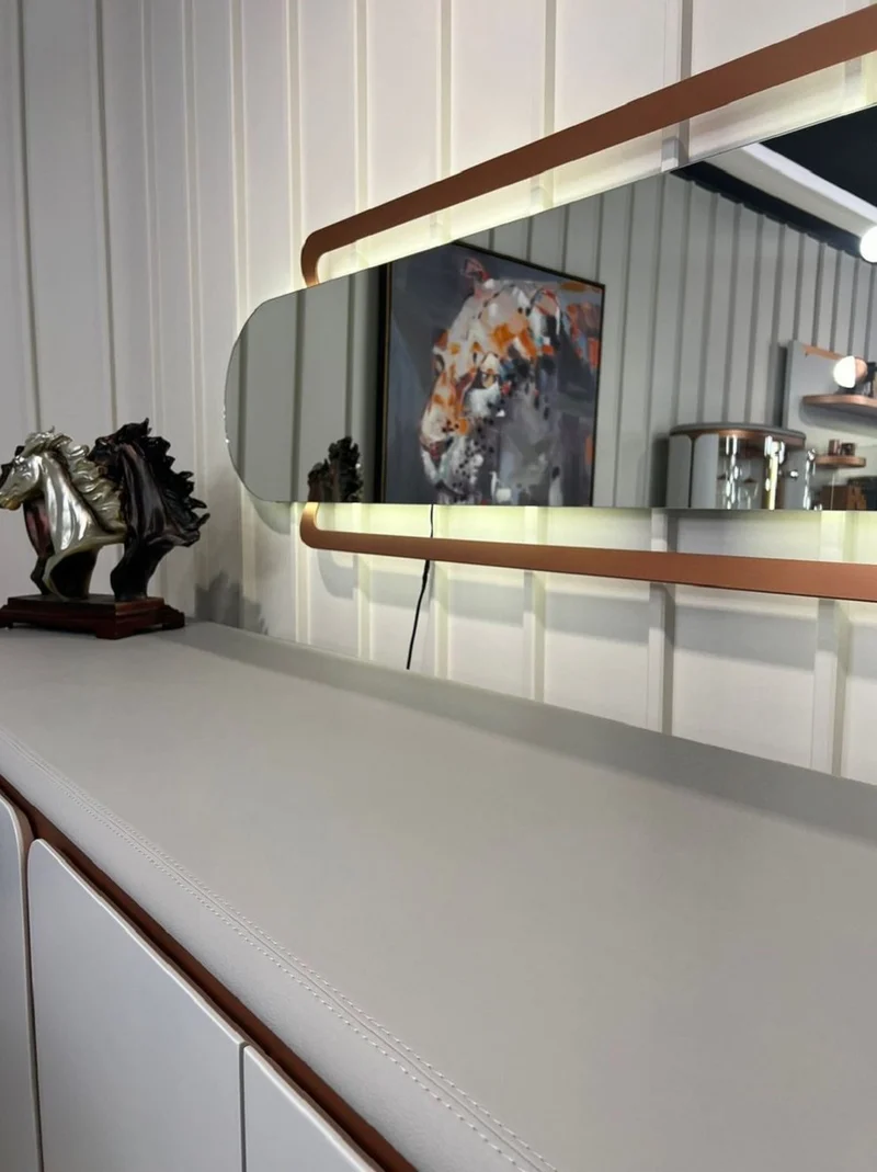 Casa Padrino Luxus Sideboard Weiß / Grau / Kupfer 260 x 60 x H. 90 cm - Massivholz Schrank mit 4 Türen - Esszimmer Möbel - Luxus Möbel - Luxus Einrichtung