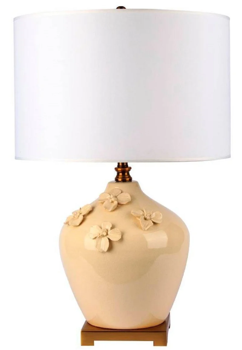 Casa Padrino Luxus Keramik Tischleuchte Creme / Gold / Weiß Ø 40 x H. 70 cm