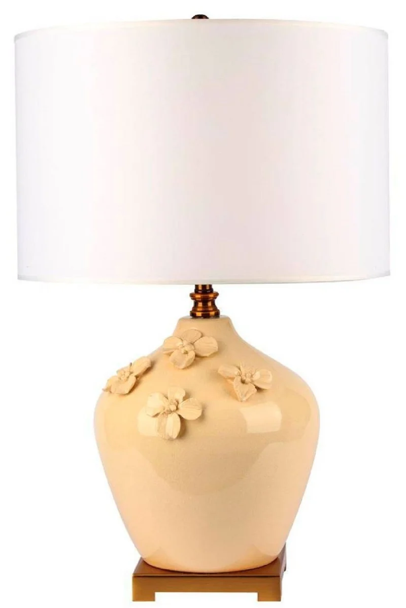 Casa Padrino Luxus Keramik Tischleuchte Creme / Gold / Weiß Ø 40 x H. 70 cm