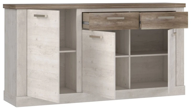 Sideboard DURO, 3 Türen und 2 Schubladen, in Pinie weiß antik