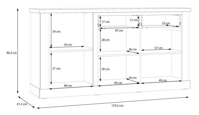 Sideboard DURO, 3 Türen und 2 Schubladen, in Pinie weiß antik