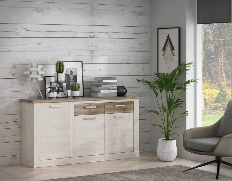 Sideboard DURO, 3 Türen und 2 Schubladen, in Pinie weiß antik