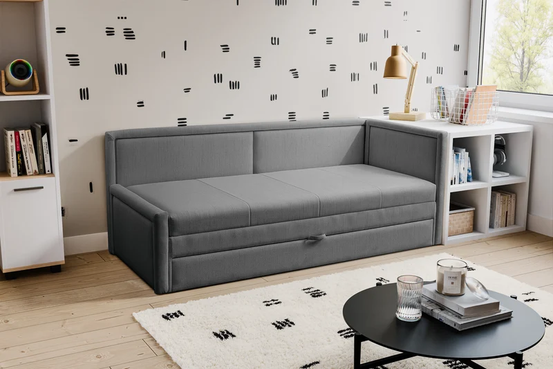 Jugendbett Caprili mit Stauraum, dunkelgraues Flechtmuster, universell einsetzbar