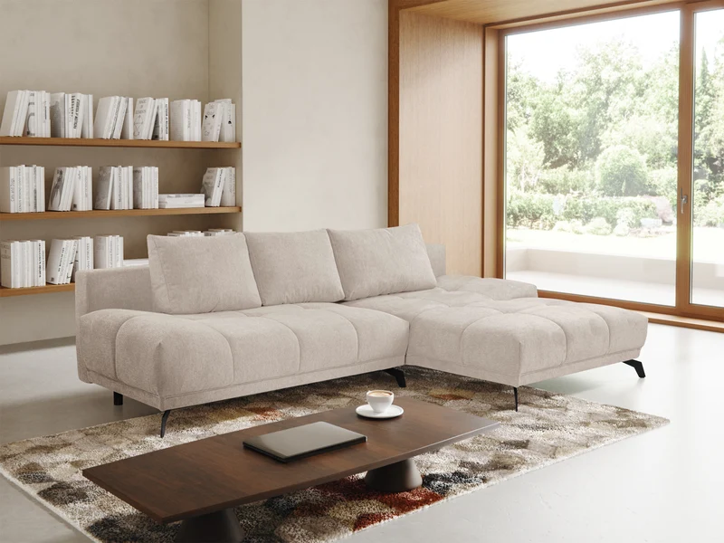 Ecksofa mit Schlaffunktion Felipe, L-förmig, rechtsseitig, mit Stauraum, hellbeige, hydrophobes Chenille