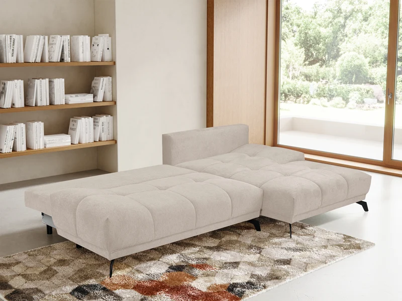 Ecksofa mit Schlaffunktion Felipe, L-förmig, rechtsseitig, mit Stauraum, hellbeige, hydrophobes Chenille