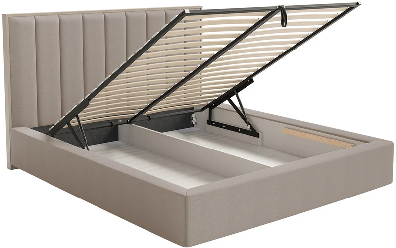 Polsterbett 180x200 cm Togents mit Stauraum und LED-Beleuchtung, Metallrahmen, brauner hydrophober Chenillestoff