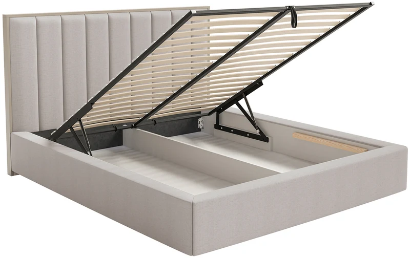 Gepolstertes Bett 160x200 cm Togents mit Stauraum, Metallrahmen, grau-beiger hydrophober Chenillestoff