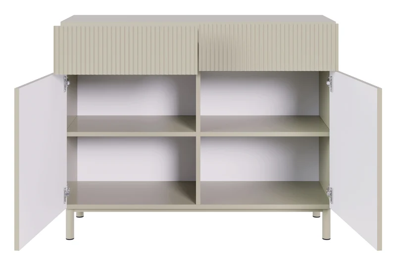 Zweiturige Kommode Veldio New mit gefräster Front und zwei Schubladen, 100 cm, grau-beige