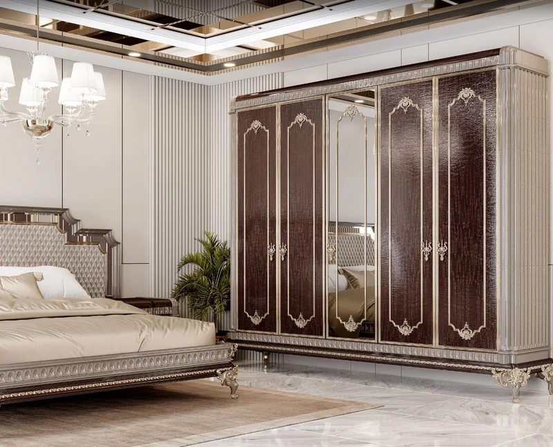 Casa Padrino Luxus Barock Doppelbett und 2 Nachtkommoden Grau / Dunkelbraun / Gold