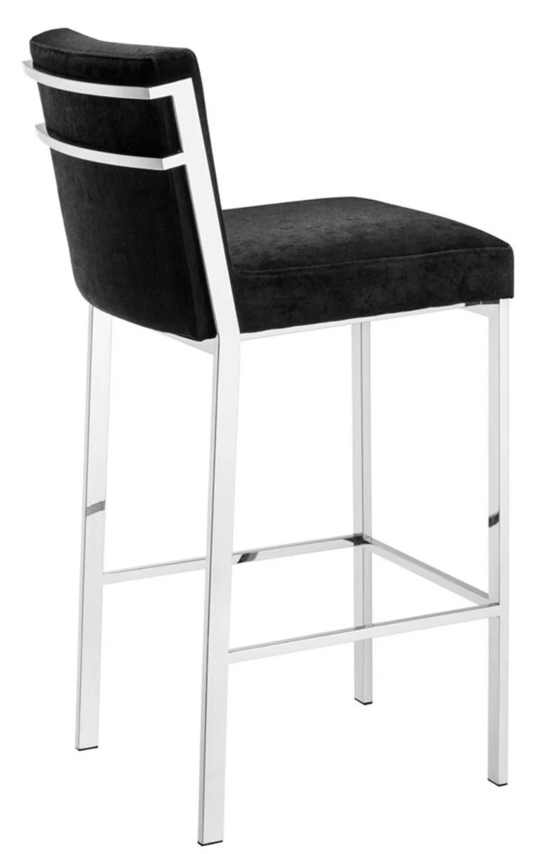 Casa Padrino Luxus Barstuhl Schwarz / Silber 43 x 54 x H. 101 cm - Designer Edelstahl Barhocker mit Samtstoff - Barmöbel