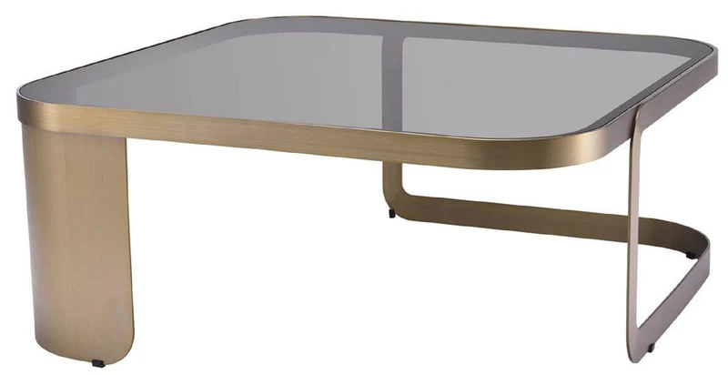 Casa Padrino Luxus Couchtisch Messingfarben / Grau 90,5 x 90,5 x H. 38,5 cm - Edelstahl Wohnzimmertisch mit Glasplatte - Wohnzimmer Möbel - Luxus Möbel