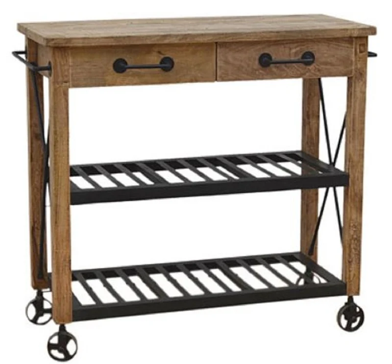 Casa Padrino Landhaus Stil Bar Trolley Naturfarben / Schwarz 106 x 48 x H. 103 cm - Holz Servierwagen mit 2 Schubladen - Gastronomie Accessoires