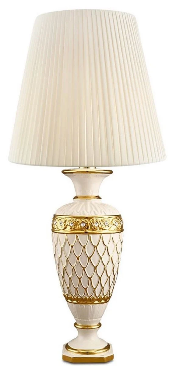 Casa Padrino Barock Keramik Tischleuchte mit Swarovski Kristallglas Elfenbeinfarben / Gold Ø 30 x H. 62 cm - Barock Möbel