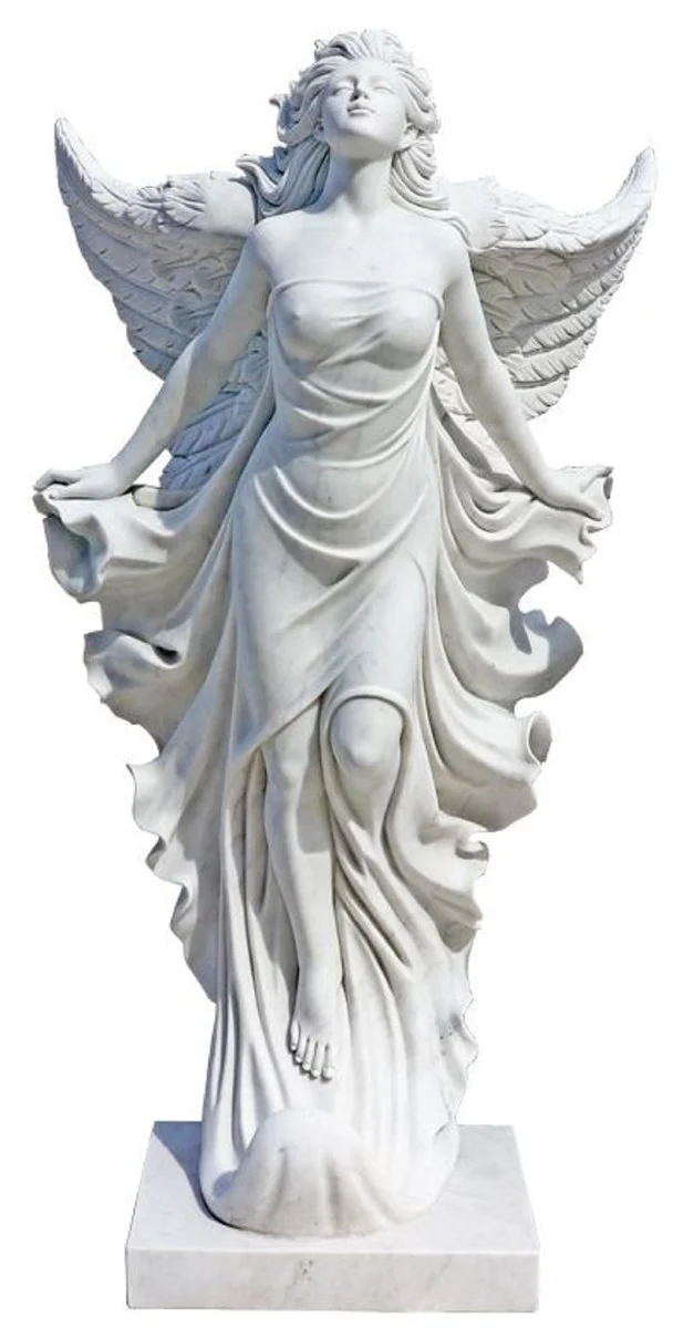 Casa Padrino Luxus Jugendstil Marmor Deko Skulptur Engel Weiß H. 170 cm - Prunkvolle Garten Marmor Deko Figur - Barock & Jugendstil Garten Marmor Deko Accessoires - Edel & Prunkvoll