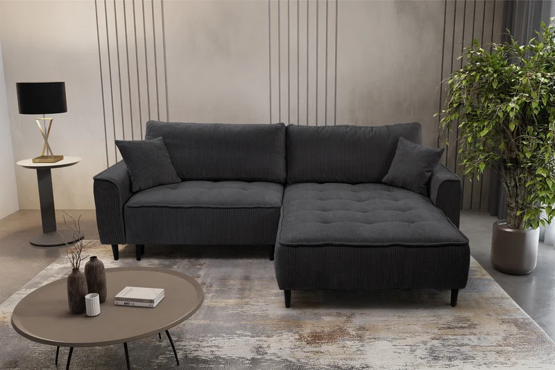 Ecksofa mit Schlaffunktion Blues, L-förmig, rechtsseitig, mit Stauraum, graphitfarbener Cordstoff