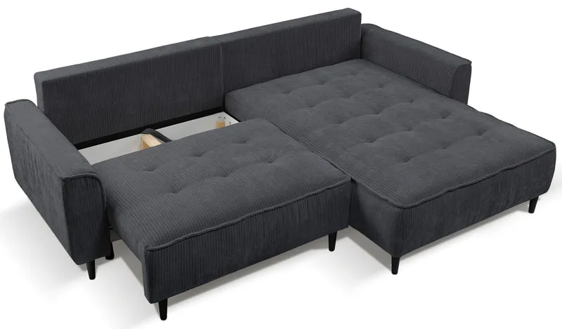 Ecksofa mit Schlaffunktion Blues, L-förmig, rechtsseitig, mit Stauraum, graphitfarbener Cordstoff