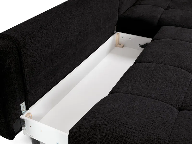 Ecksofa mit Schlaffunktion Felipe, L-förmig, rechtsseitig, mit Stauraum, schwarzer hydrophober Chenille-Bezug
