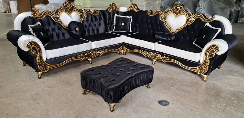 Casa Padrino Luxus Barock Ecksofa Schwarz / Weiß / Gold