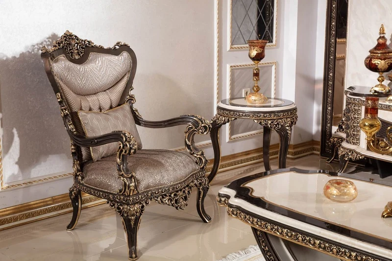 Casa Padrino Luxus Barock Massivholz Sessel Grau / Dunkelbraun / Gold