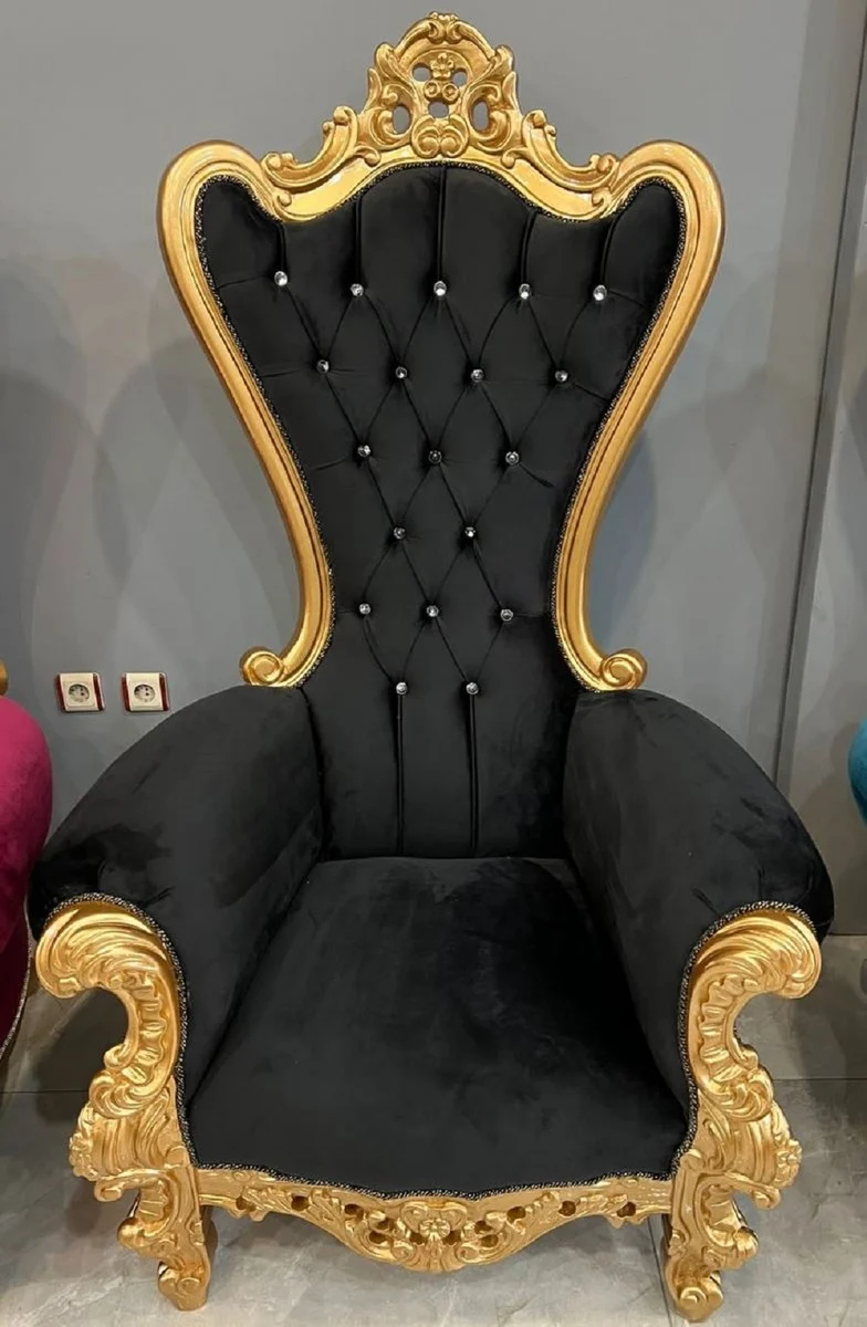 Casa Padrino Barock Thron Sessel mit edlem Samtstoff und Glitzersteinen Schwarz / Gold - Prunkvoller Barockstil Königssessel - Barockstil Hochzeitssessel - Barockstil Riesensessel - Barock Möbel