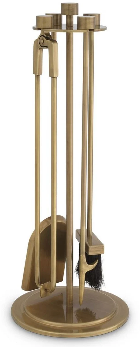 Casa Padrino Luxus Kaminbesteck Set Vintage Messingfarben Ø 27,5 x H. 71 cm - 4 teilige Kamingarnitur mit Ständer - Kamin Zubehör