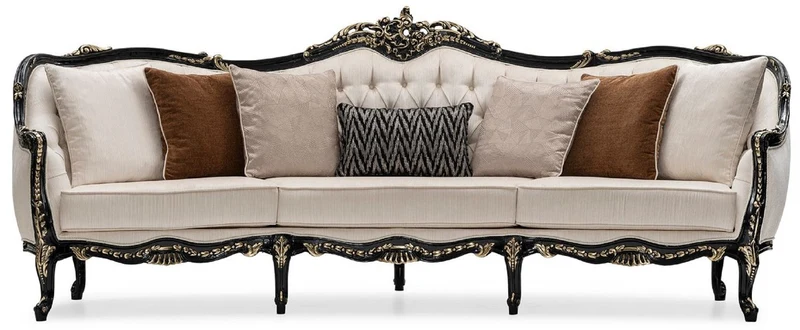 Casa Padrino Luxus Barock Wohnzimmer Sofa Creme / Schwarz / Gold - Handgefertigtes Barockstil Sofa mit dekorativen Kissen - Luxus Wohnzimmer Möbel im Barockstil - Barock Möbel - Edel & Prunkvoll