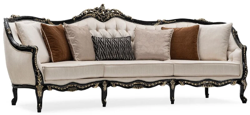 Casa Padrino Luxus Barock Wohnzimmer Sofa Creme / Schwarz / Gold - Handgefertigtes Barockstil Sofa mit dekorativen Kissen - Luxus Wohnzimmer Möbel im Barockstil - Barock Möbel - Edel & Prunkvoll