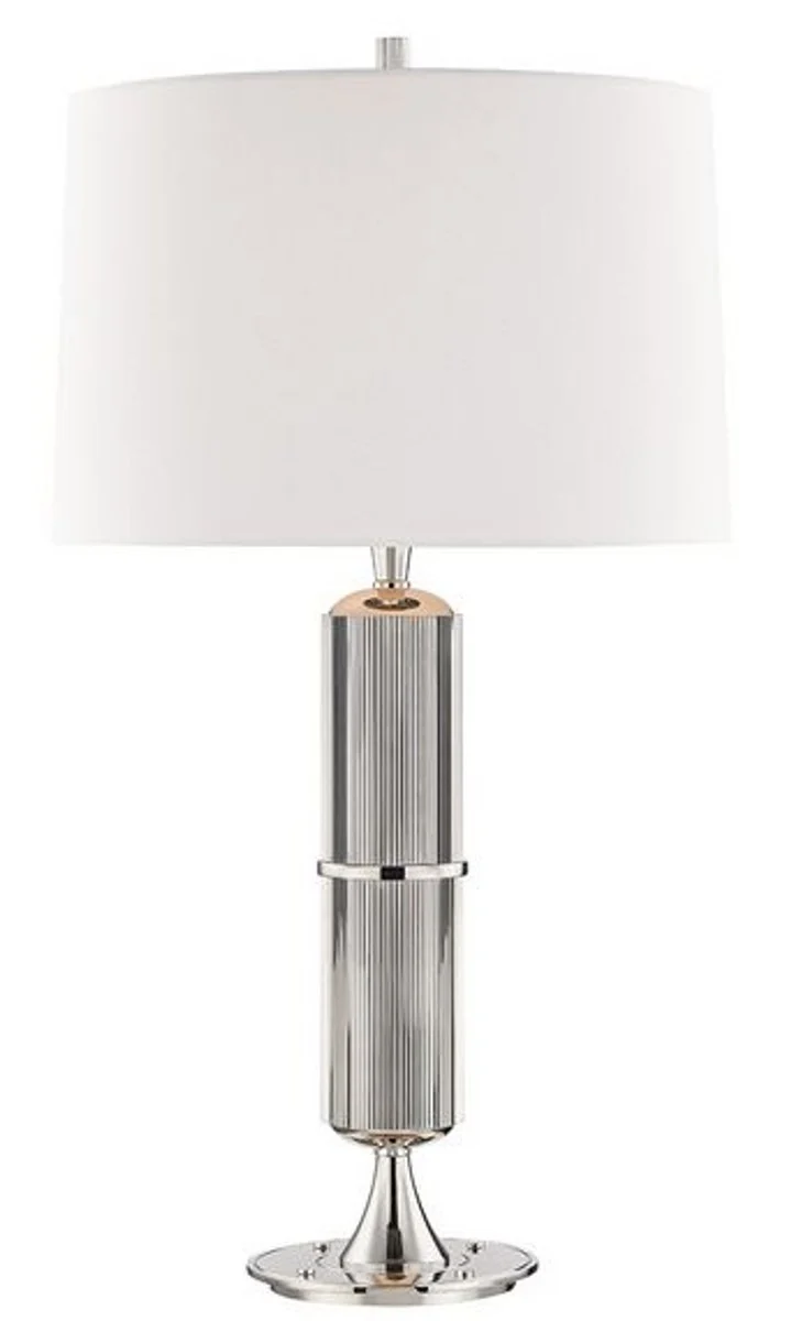 Casa Padrino Luxus Tischleuchte Silber / Weiß Ø 38 x H. 71 cm - Tischlampe mit rundem Leinen Lampenschirm