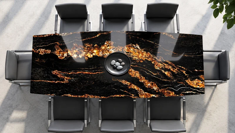 Terra Esstisch mit Magna Black Gold Granit – schwarze Steinplatte mit goldenen Wolkungen