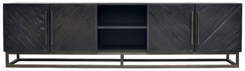 Casa Padrino Luxus Massivholz TV Schrank Schwarz / Messing 220 x 43 x H. 60 cm - Rustikales Eichenholz Wohnzimmer Sideboard mit 4 Türen - Rustikale Luxus Massivholz Wohnzimmer Möbel