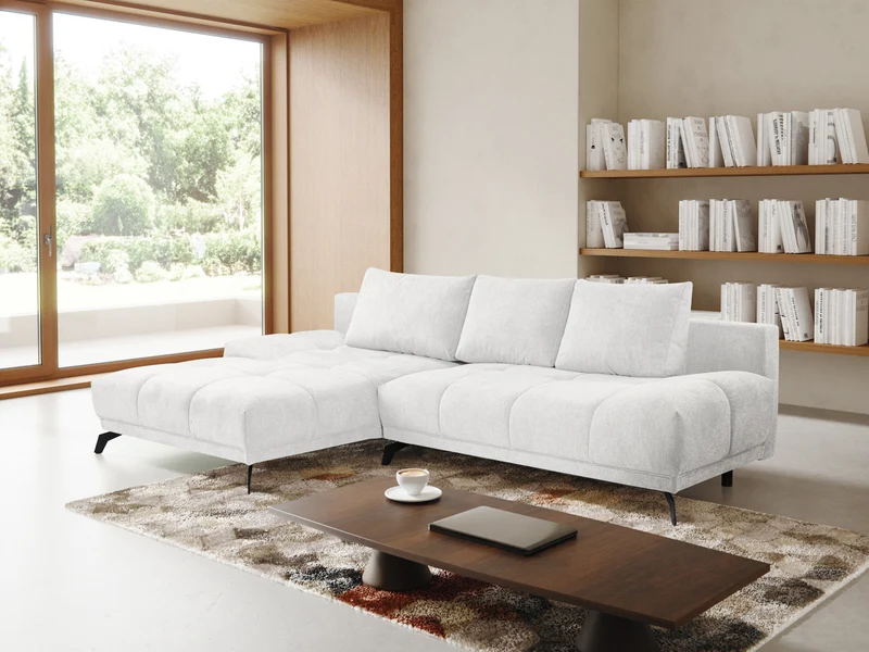 Ecksofa mit Schlaffunktion Felipe, L-förmig, linksseitig, mit Stauraum, weißer hydrophober Chenille-Bezug