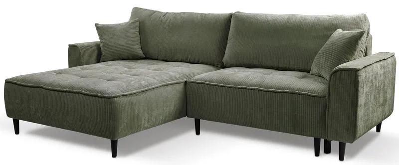 Ecksofa mit Schlaffunktion Blues, L-förmig, linksseitig, mit Stauraum, Salbeigrüner Cordstoff