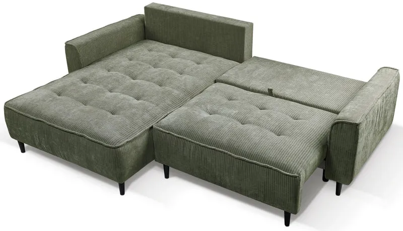 Ecksofa mit Schlaffunktion Blues, L-förmig, linksseitig, mit Stauraum, Salbeigrüner Cordstoff