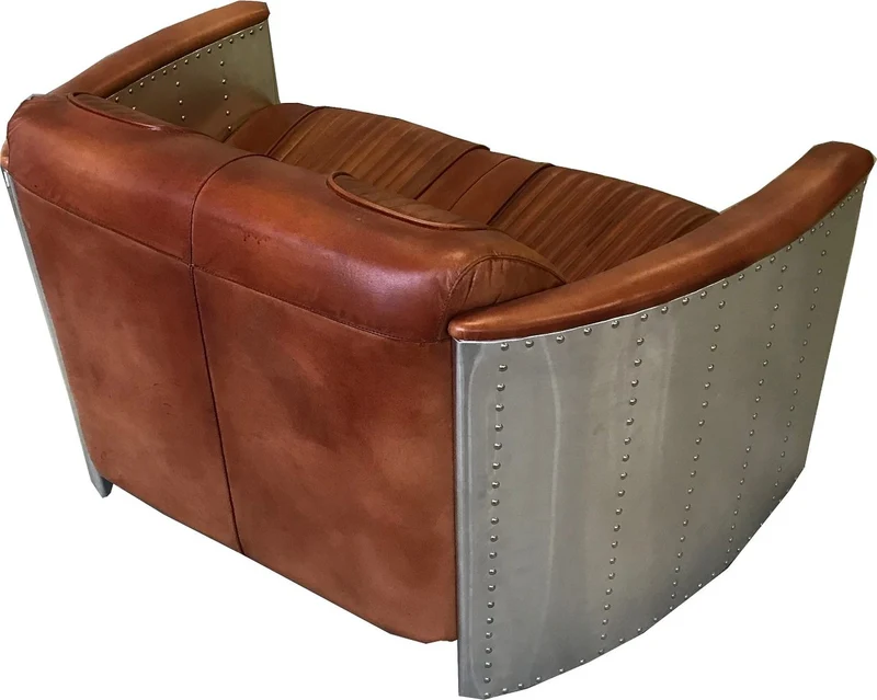 Casa Padrino Luxus Art Deco Leder Sofa 122 x 70 x H. 82 cm - Verschiedene Farben - Aluminium Wohnzimmer Sofa mit Echtleder - Aluminium Flugzeug Flieger Sofa Möbel