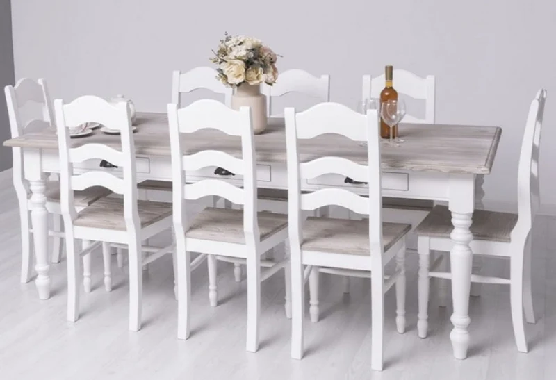 Casa Padrino Landhausstil Esszimmer Möbel Set Weiß / Naturfarben - 1 Landhausstil Esstisch & 8 Landhausstil Esszimmerstühle - Massivholz Esszimmer Möbel - Landhausstil Esszimmer Möbel