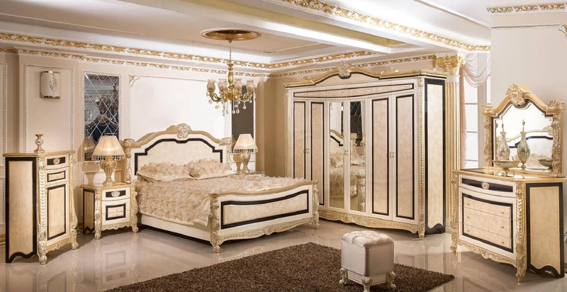 Casa Padrino Luxus Barock Schlafzimmer Set Weiß / Beige / Schwarz / Gold - 1 Barock Doppelbett mit Kopfteil & 2 Barock Nachtkommoden - Luxus Schlafzimmer Möbel im Barockstil - Barock Interior