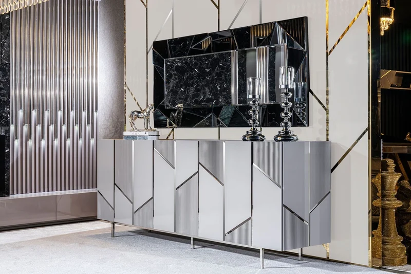Casa Padrino Luxus Sideboard Grau / Silber 220 x 51 x H. 86 cm - Massivholz Schrank mit 4 Türen - Esszimmer Möbel - Wohnzimmer Möbel - Hotel Möbel - Luxus Möbel