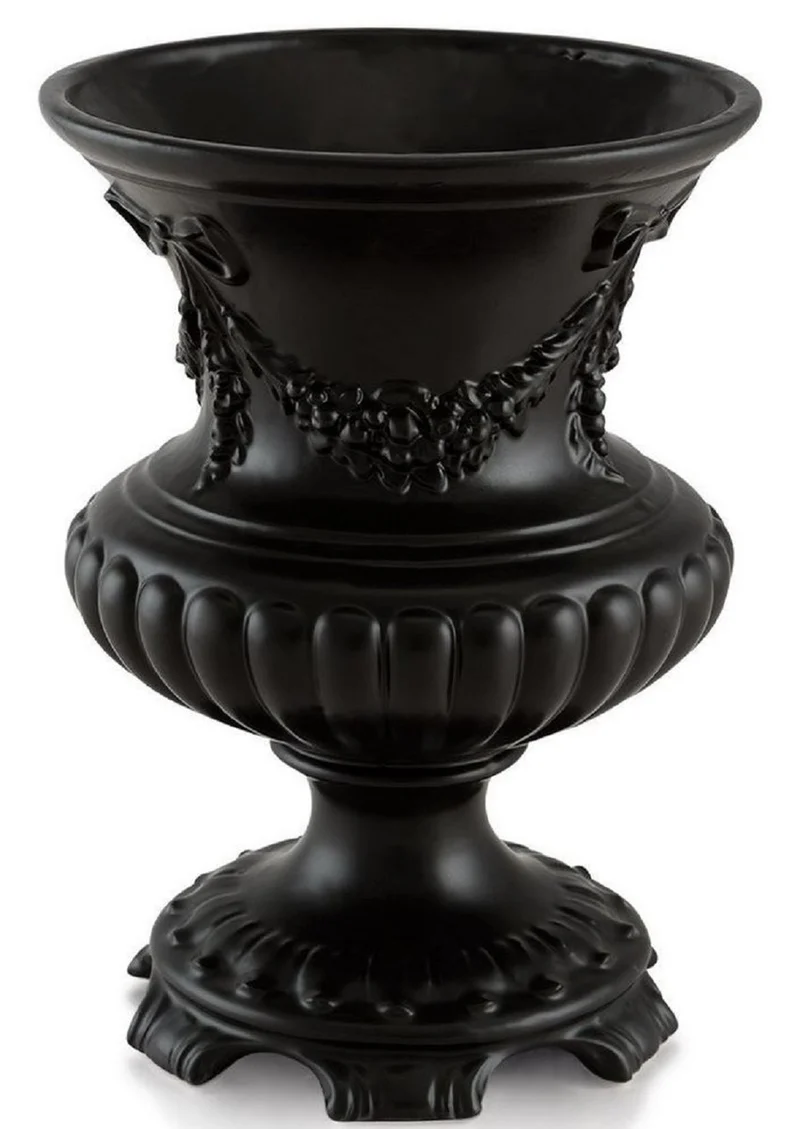 Casa Padrino Barock Vase Mattschwarz Ø 21 x H. 29 cm - Runde Barock Keramik Blumenvase - Deko im Barocktil
