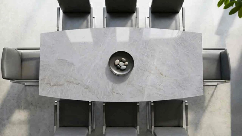 Terra Esstisch mit Taj Mahal Granit – helle Steinplatte Granit in Bootsform
