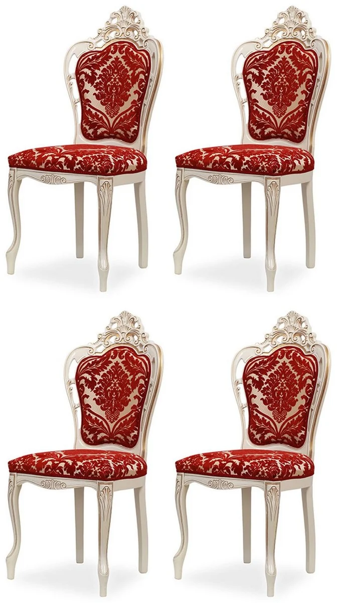 Casa Padrino Luxus Barock Esszimmer Stuhl 4er Set mit elegantem Muster Rot / Weiß / Beige / Gold - Barockstil Küchen Stühle - Prunkvolle Luxus Esszimmer Möbel im Barockstil - Edel & Prunkvoll