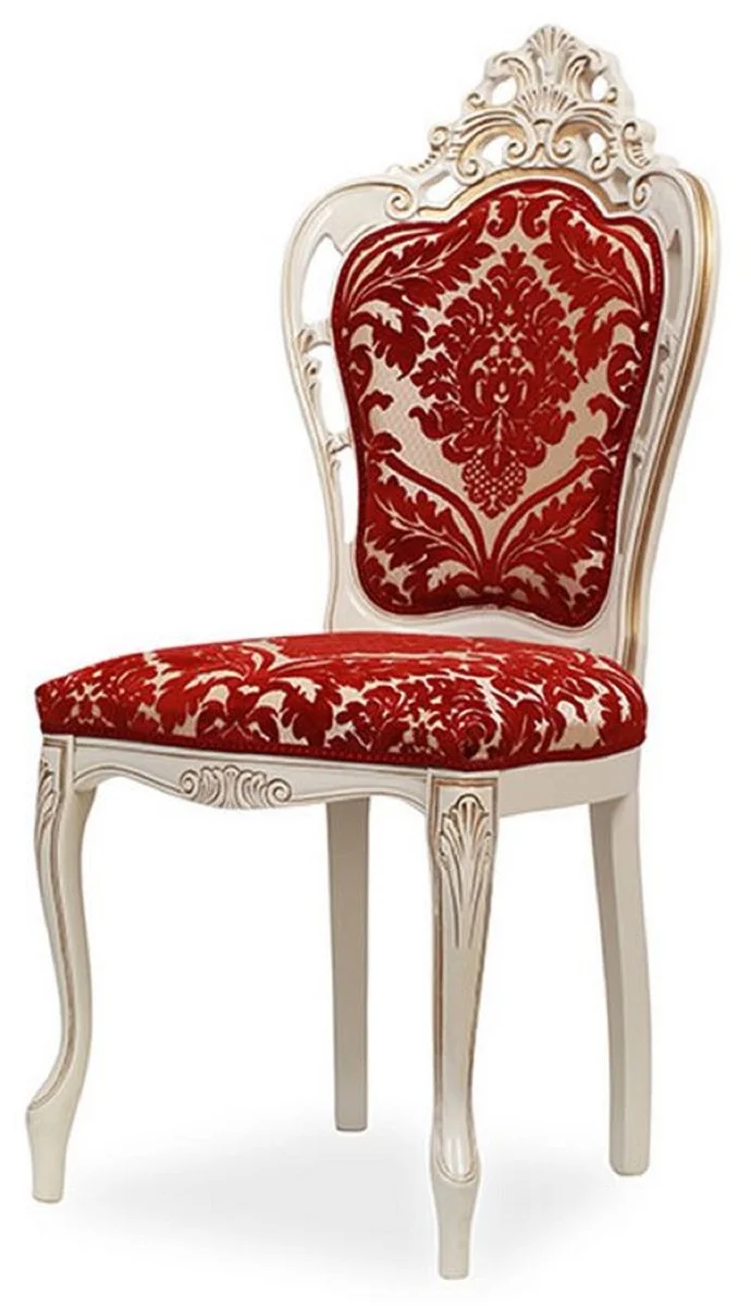 Casa Padrino Luxus Barock Esszimmer Stuhl 4er Set mit elegantem Muster Rot / Weiß / Beige / Gold - Barockstil Küchen Stühle - Prunkvolle Luxus Esszimmer Möbel im Barockstil - Edel & Prunkvoll